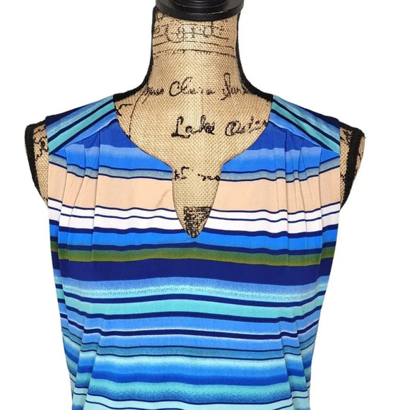 LUXOLOGY Women's Split V Neck Sleeveless Striped Shift Dress Size Medium Blue - Picture 16 of 16